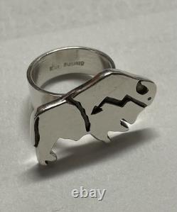 Robert Taylor Navajo Signed Sterling Silver Buffalo Bison Heartline Inlay Ring