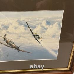 VTG Framed Lithograph Spitfire In Sky Signed Robert Taylor 38cm X 49cm
